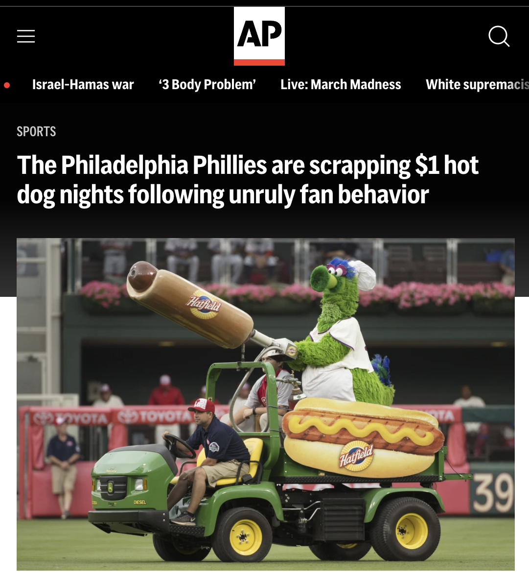 vehicle - Ap IsraelHamas war '3 Body Problem' Live March Madness White supremacis Sports The Philadelphia Phillies are scrapping $1 hot dog nights ing unruly fan behavior Cavoyota, Go Toyota 39